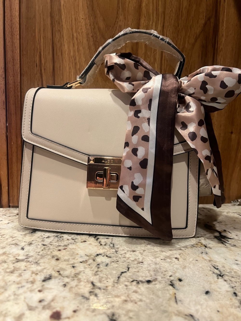 Aldo Cream Satchel with Leopard-Print Scarf and Black Trim